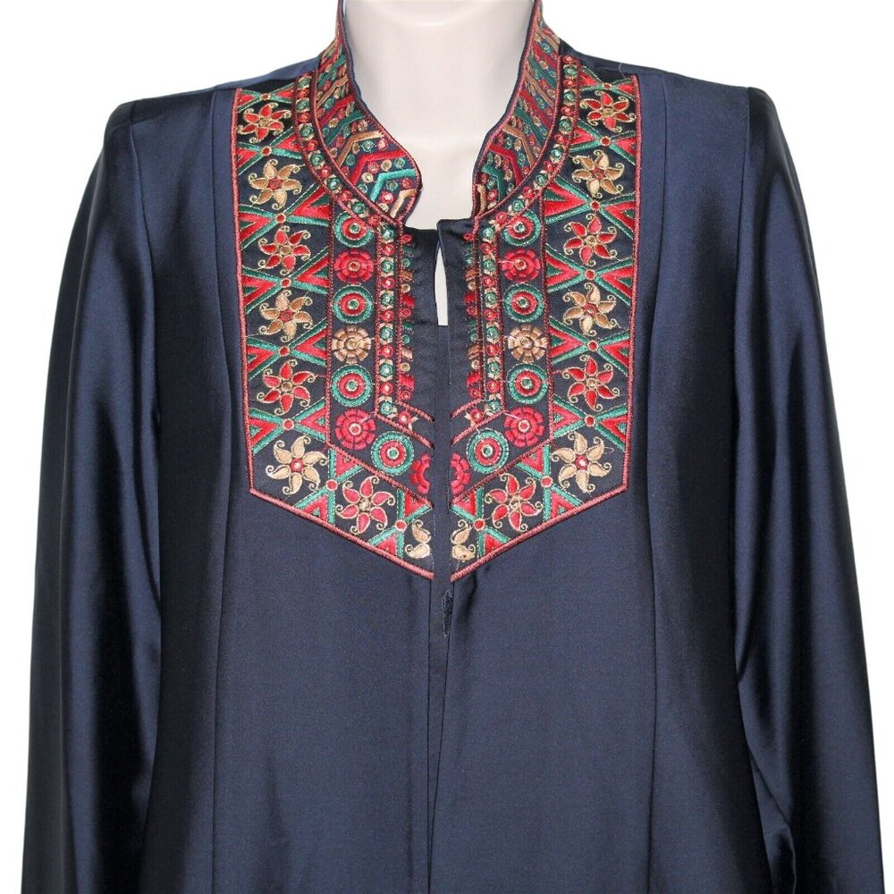 VTG Florance Sz 12 Eur 42 Navy Blue Embroidered Collar Hostess Gown Robe Dress - Picture 7 of 12
